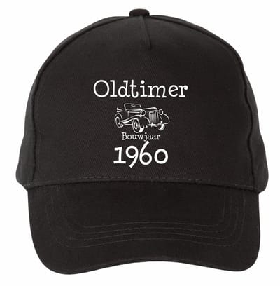 Mijncadeautje - 5 panel - Cap - Verstelbaar - Pet van 100% dik geborsteld katoen- unisex - opdruk wit - Oldtimer 1960 - zwart