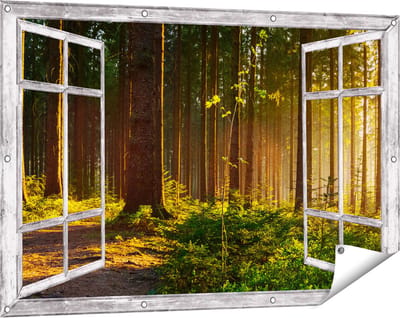 Gards Tuinposter Doorkijk Bos met Zon tussen de Bomen - 120x80 cm - Tuindoek - Tuindecoratie - Wanddecoratie buiten - Tuinschilderij
