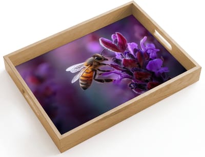 Dienblad hout 40x30 cm - Schootdienblad - Honingbij - Paarse bloemen - Details - Borrelplank rechthoek - Plateau dienbladen