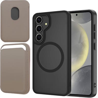 Hoesje + Pasjeshouder geschikt voor Samsung Galaxy S25 - Portemonnee geschikt voor MagSafe - Magnetisch - Pasjes Houder - Creditcardhouder - Taupe