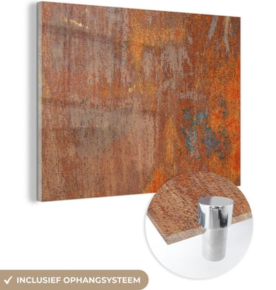 MuchoWow® Glasschilderij 120x90 cm - Schilderij acrylglas - Roest - IJzer - Industrieel - Oud - Foto op glas - Schilderijen