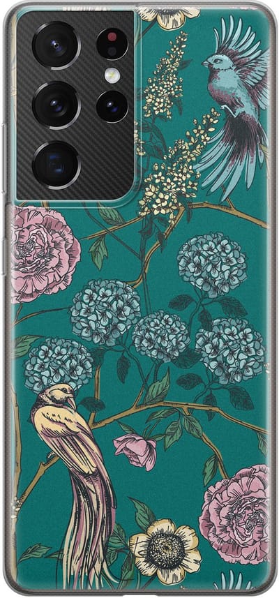 Hoesje geschikt voor Samsung Galaxy S21 Ultra - Vogels Japanse bloemen - Soft Case - TPU - Bloemen - Blauw - Mooie Telefoonhoesjes