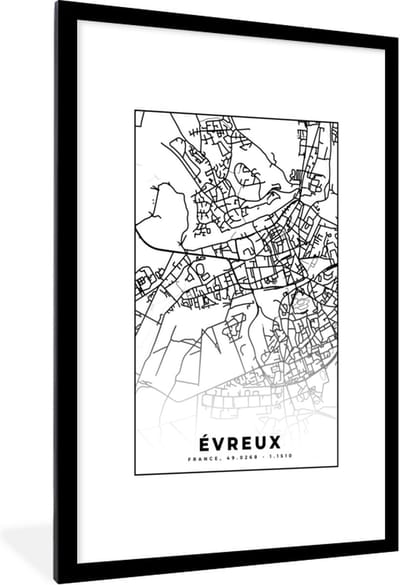 Fotolijst incl. Poster Zwart Wit- Stadskaart – Plattegrond – Évreux - Kaart – Frankrijk - Zwart wit - 80x120 cm - Posterlijst