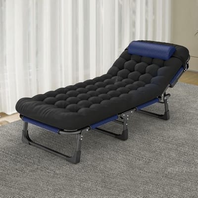Kampeerbed - Klapbed Ligbed - Ontspannen Buiten - Vier Verstelbare Posities - 193x68x30cm - Zwart Blauw