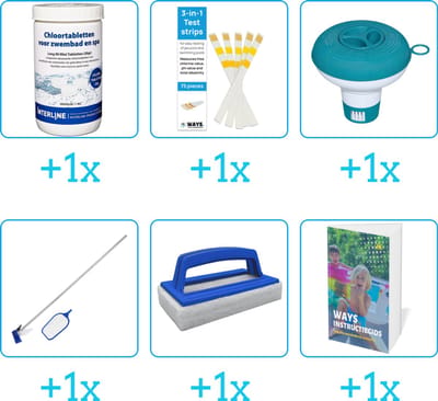 Zwembad Onderhoudspakket - Onderhoud Zwembad - bevat Chloor - Testrips - Chloordrijver - Schoonmaakset - Scrubborstel en Zwembadgids (6-delig)
