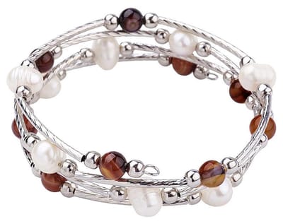 Zoetwaterparel wikkelarmband met edelstenen Wrap Pearl Brown Striped Agate - echte parels - agaat - wit - bruin - zilver - sieraden zakje