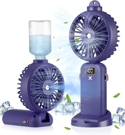 fan-Draagbare vernevelingsventilator, oplaadbaar, 5 windsnelheden, 90° inklapbaar, geschikt voor kamperen, thuis en op kantoor, paars.