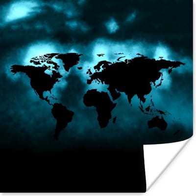 Poster 30x30 cm - Wereldkaart - Zwart - Blauw - Posters - Kamer decoratie - Wanddecoratie woonkamer - Muurdecoratie slaapkamer