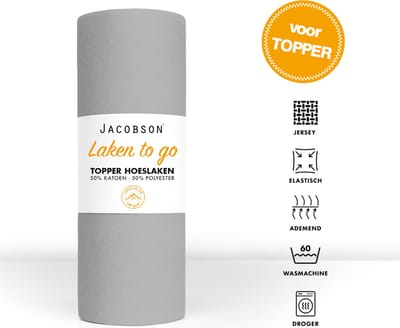 Jacobson - Hoeslaken Topper - 140x200cm - Jersey Katoen - tot 12cm matrasdikte - Grijs