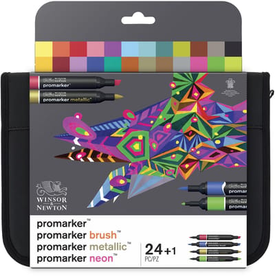 Winsor & Newton 0290037 Mixed Marker Set 24 In Wallet | Promarker, Brush, Metallic & Neon