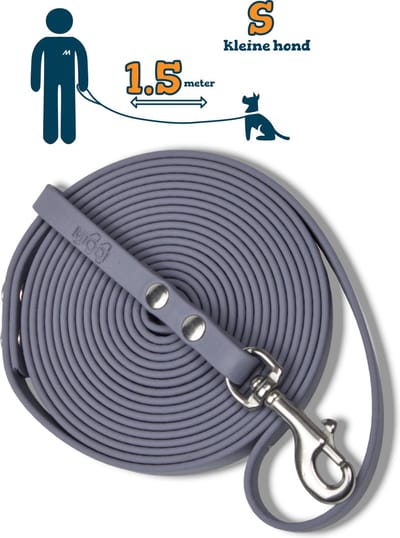 Miqdi hondenriem - BioThane – grijs – 1.5 meter lang – 9mm breed – XS/S – kleine hond