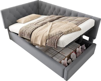 Wishdor Bedbank 90x200 cm - L-vormig met hydraulische opbergruimte - Fluweel - Grijs - Stoere elegantie met verborgen opberger