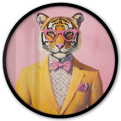 Poster in lijst Rond - Fotolijst 40x40 cm - Posters - Tijger - Bril - Geel - Jasje - Ronde posterlijst zwart - Decoratie - Wanddecoratie woonkamer - Muurdecoratie slaapkamer