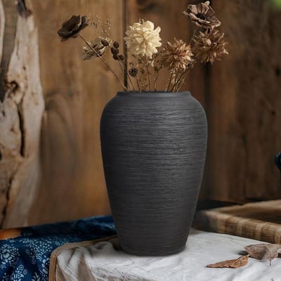 Famanu – Zwarte rustieke keramische vaas 26 cm, vintage bloemenvaas voor minimalistische woondecoratie