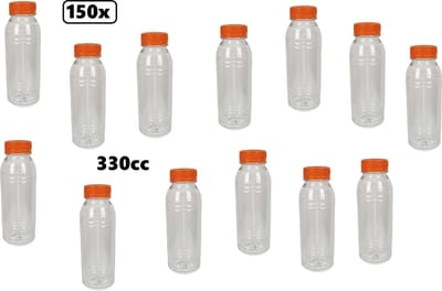 150x Flesje helder 330cc incl. oranje dop - drink fles vruchten sap limonade drank limonade water
