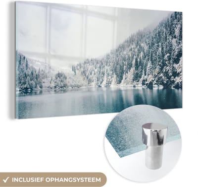 MuchoWow® Glasschilderij 40x20 cm - Schilderij acrylglas - Winter - Water - Sneeuw - Foto op glas - Schilderijen