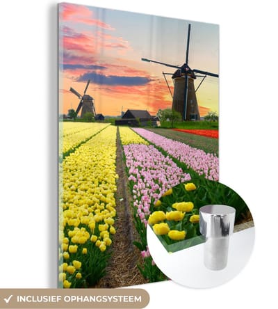 MuchoWow® Glasschilderij 30x40 cm - Schilderij acrylglas - Windmolen - Tulpen - Bloemen - Nederland - Foto op glas - Schilderijen