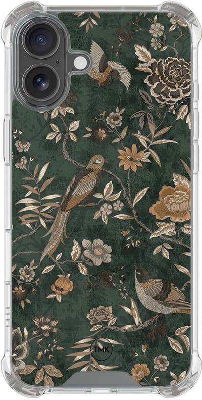 Shockproof hoesje geschikt voor Apple iPhone 17 - Khaki golden flowers - Schokbestendig - Verhoogde randen - TPU case - Extra Sterke Back Cover - Bloemen - Transparant, Groen