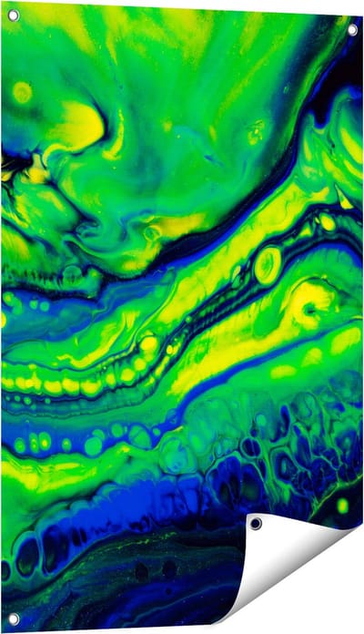 Gards Tuinposter Abstracte Kunst Blauw met Groen - 60x90 cm - Tuindoek - Tuindecoratie - Wanddecoratie buiten - Tuinschilderij