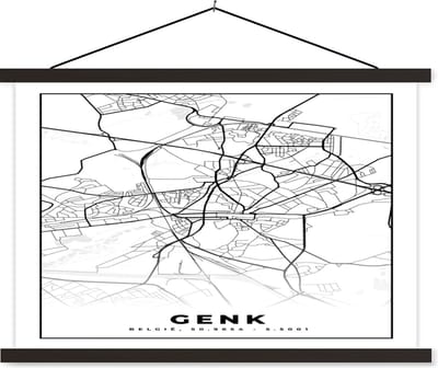 Posterhanger incl. Poster 60x40 cm - Schoolplaat - Stadskaart – Plattegrond – België – Zwart Wit – Genk – Kaart - Textielposter - Zwarte latten - Stadskaart