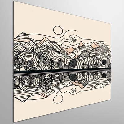 Line art landschap schilderij | Ink-streep landschap creatie: een verfijnde artistieke weergave van lijnen | Kunst - 20x20 centimeter op Dibond | Foto op Dibond