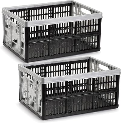 Plasticforte Opvouw krat - 2x - zwart/zilver - 48 x 35 x 24 cm - boodschappen - 32 liter