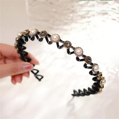 Mode Strass Parel Haar Hoepel Antislip Zwarte Golvende Tanden Kam Bloem Haarbanden Pony Kapsel Tool Voor Vrouwen Meisjes beige