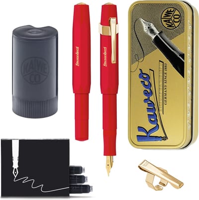 Kaweco - Cadeauset - (5delig) - Vulpen CLASSIC SPORT ROOD Fountain Pen - Extra Fine - Vintage blikje - Oktogonal Clip Vergoldet - Patronen houder zwart - Vullingen