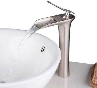 Allecto - Waterfall Bathroom Faucet - High Basin Faucet - Brushed Nickel Finish - Eén Handgreep - Modern Design - Perfect voor Badkamer - Hoogwaard..