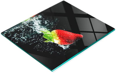 Decoratieve glazen keukensnijplank met aardbeien- en watermotief, 60x52 cm
