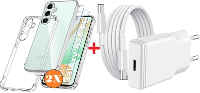 USB C Adapter S24 FE oplader - USB C Snellader 20W Met 1m Kabel - Hoesje Geschikt voor Samsung Galaxy S24 FE hoesje transparant Anti Shock silicone met 2x screenprotector- Ntech COMBI-SET