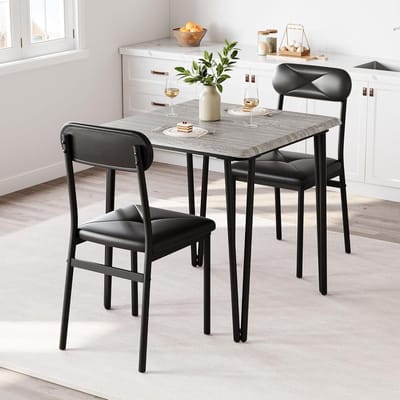 Compacte Grijze Eettafel Set voor 2 Personen - Keukentafel met 2 Gestoffeerde Stoelen - Ruimtebesparende 3-Delige Eethoek voor Kleine Ruimtes & Studio's