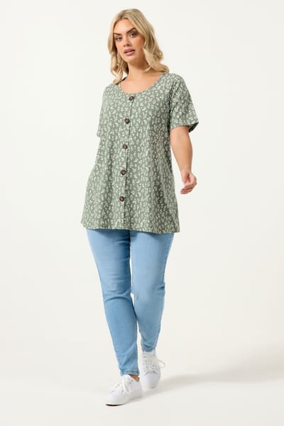 Yours Saliegroene Geribbelde Swingtop Met Bloemenprint Size 42