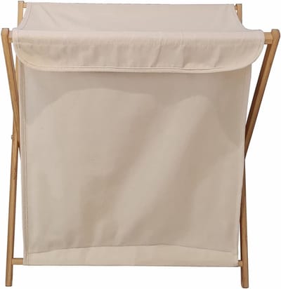 Oneay Opvouwbare houten wasmand met deksel – X-frame constructie – Ruime opbergmand voor vuile was – Geschikt voor badkamer en slaapkamer – Beige