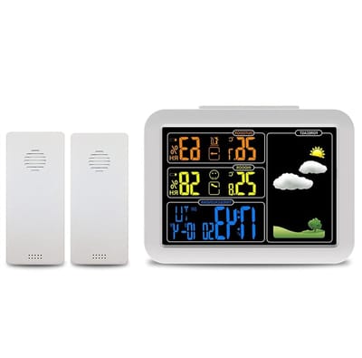 Weerstation Digitale Thermometer - Hygrometer Binnen Buiten - Weersvoorspelling Monitoren - LCD Kleurendisplay - 2 Sensoren - Wit