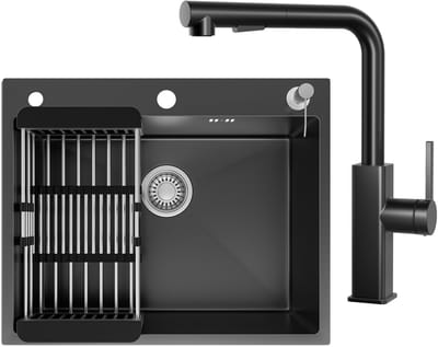 CECIPA max Spoelbak Keuken 60x49CM Antraciet - Spoelbakken Met Kraangat en Met Keukenkraan - Enkele spoelbak met Afdruiprek en Zeepdispenser - Incl. Sifon en Afvoerzeefje