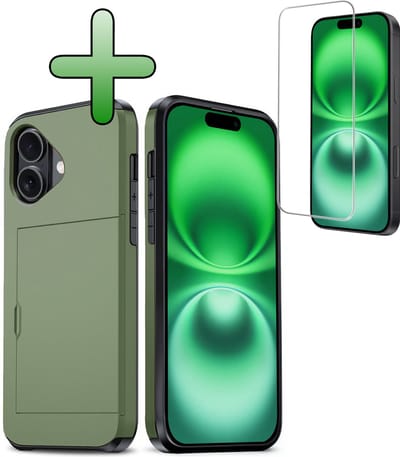 Hoes Geschikt voor iPhone 16 Hoesje Hard Case Met Pas Houder Met Screenprotector - Hoesje Geschikt voor iPhone 16 Hoes Shockproof Hard Cover Met Kaarthouder - Donkergroen