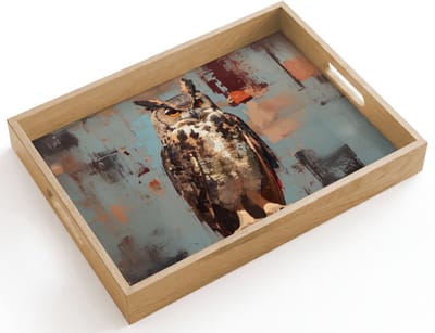 Dienblad hout 40x30 cm - Schootdienblad - Geschilderd - Abstract - Uil - Bruin - Borrelplank rechthoek - Plateau dienbladen