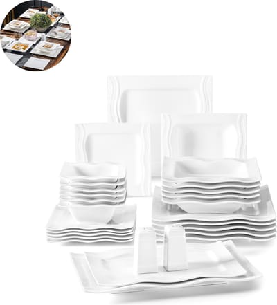 Luxe Serviesset – 28 delig – 6 persoons – Porselein - Bordenset – Dinner platen – Dessertborden - Soepplaat - Zout Peperpot - Kommen - Wit