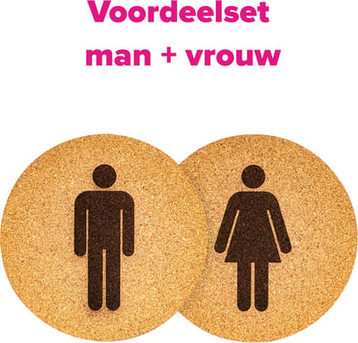 Wc bordjes – Voordeelset van 2 - Man - Vrouw – Rond – Kurk – 10 x 10 cm - Toilet bordje – Deurbord – Zelfklevend