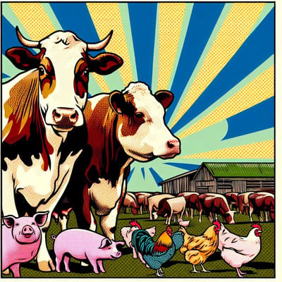 Pop art vee schilderij | Vibrant Cow Chronicles: A Contemporary Fusion of Pop Culture | Kunst - 80x80 centimeter op Dibond | Foto op Dibond