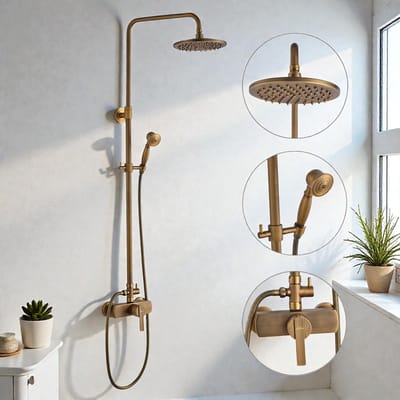 Auralum Max Regendouche - Antiek Messing Doucheset - Ø 25 cm - Retro Koperen Douchekolom - Hoogte Verstelbaar 96-135 cm - Wandmontage - Mengkraan - Goud