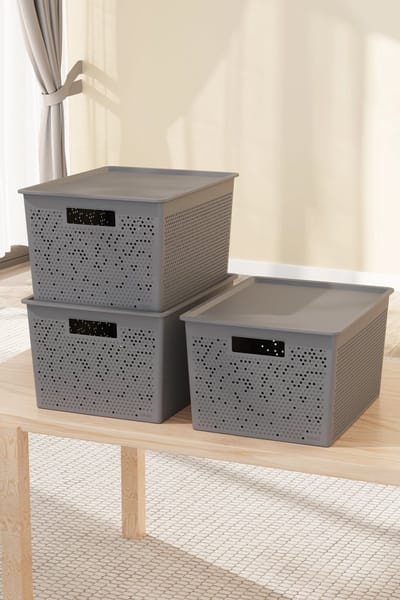 Tobeyz Opbergdozen 20L – Kunststof Opbergbox | Set van 3 | Optimale Ventilatie | Modulair Stapelbaar Systeem | Geïntegreerde Handgrepen | BPA-vrij Gerecycled Plastic | 30×40×22 cm | Grijs