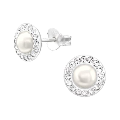 Joy|S - Zilveren parel oorbellen - 8 mm - met kristal rand