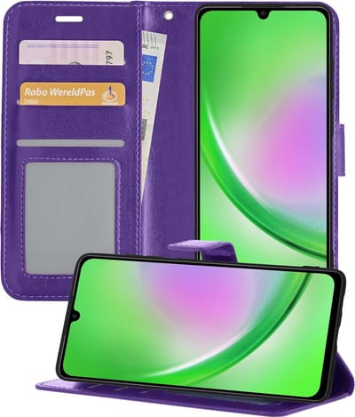 Hoesje - Met Pasjeshouder - Geschikt voor Samsung Galaxy A34 - Luxe Bookcase Portemonee - Flip Case - Kunstleer Book Case - Flipcase - Book Cover - Walletcase - Portemonneehoes - Telefoonhoesjes - Paars