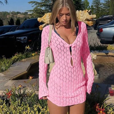 Nieuwe Zomer Sexy Holle Gebreide Strandrok Bikini Badpak Hoodie Jurk L