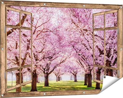 Gards Tuinposter Doorkijk Roze Bloesembomen Park - Bloemen - 120x80 cm - Tuindoek - Tuindecoratie - Wanddecoratie buiten - Tuinschilderij