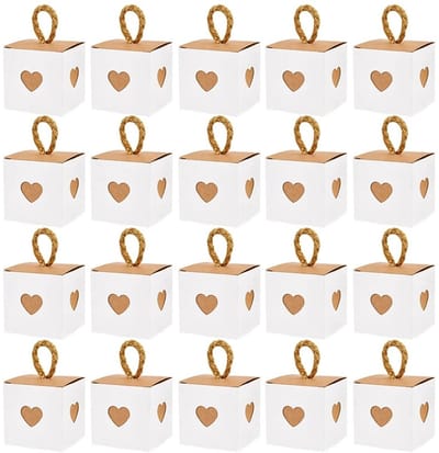 WiseGoods Premium 50-Delige Hartvormige Cadeau Doosjes - Bruin / Wit - 5.5x5.5x5.5cm - Bruiloft / Verjaardag / Babyshower
