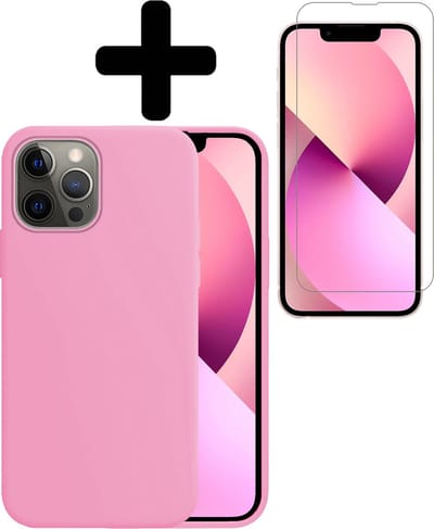 Hoesje - Met Screenprotector - Geschikt voor Apple iPhone 14 Pro - Sterk & Shockproof - Back Cover - Siliconen Case - Telefoon Hoes - Telefoonhoesjes - Lichtroze