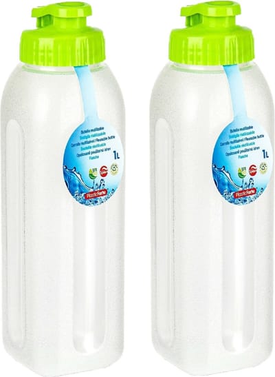 PlasticForte Waterfles/bidon - 2x - 1000 ml - transparant/groen - kunststof